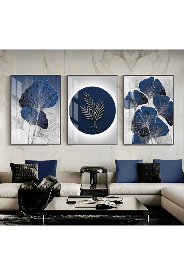 Hari̇kabi̇rev | Dark Blue-Silver 1 Stylish Eternity Flower | Framed Tempered Glass Table 3 Pieces Vertical