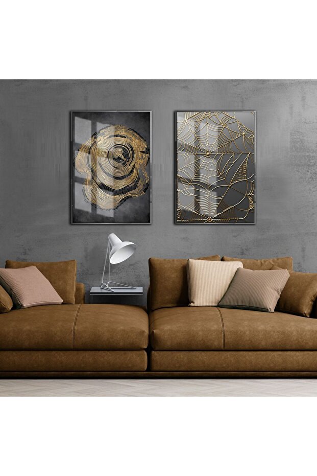 Hari̇kabi̇rev | Abstract Figures Gold Gray 01 | Framed Glass Table 2 Pieces Vertical
