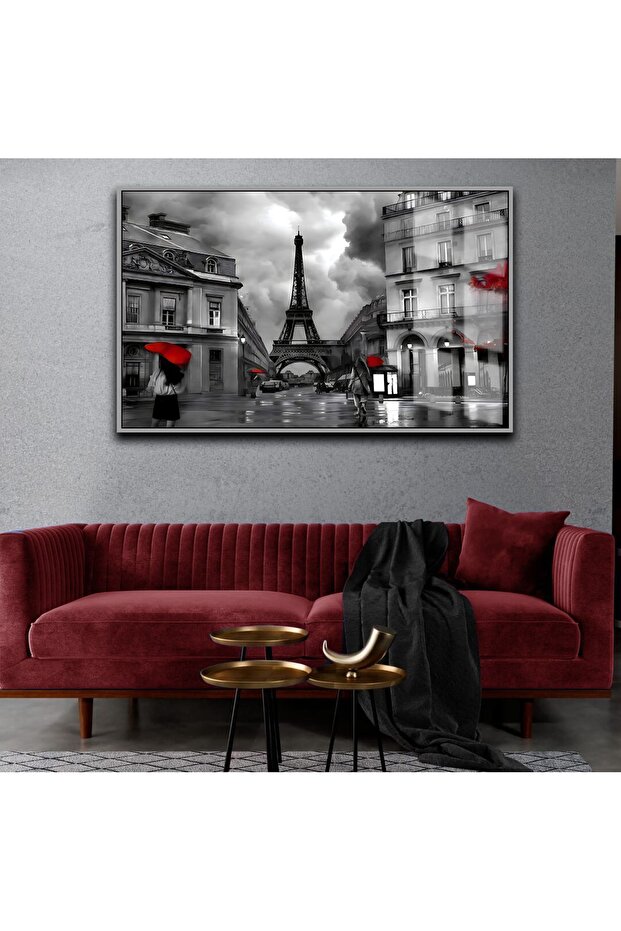 Hari̇kabi̇rev | Eiffel Tower Burgundy-Grey | Framed Glass Table Single Horizontal