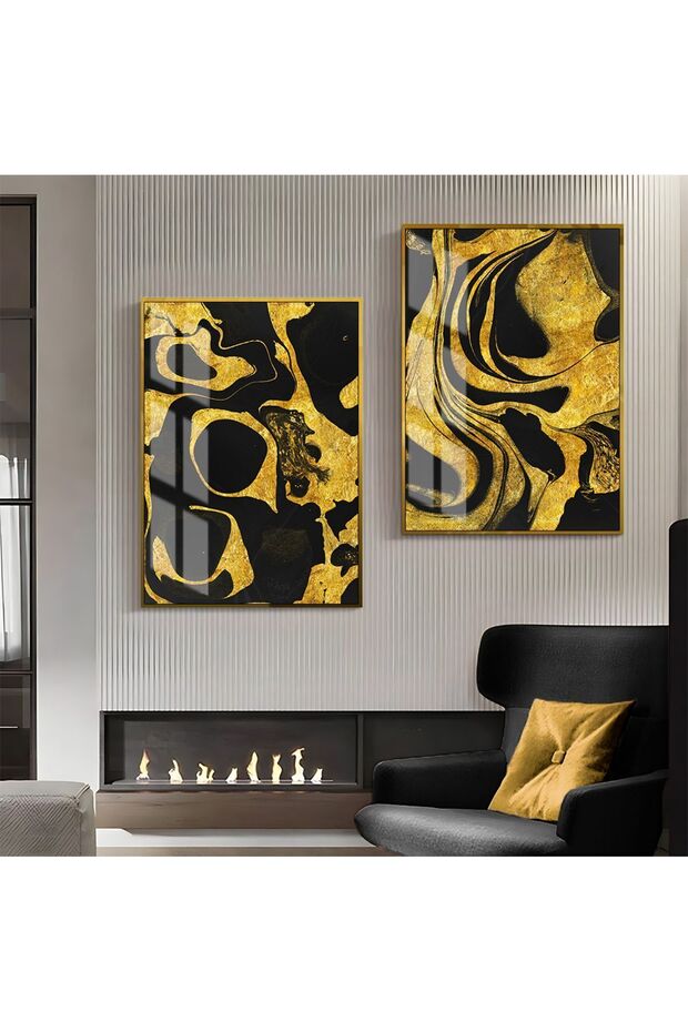 Hari̇kabi̇rev | Black-Gold Patterned Abstract Combination 02 | Framed Glass Table 2 Pieces Vertical