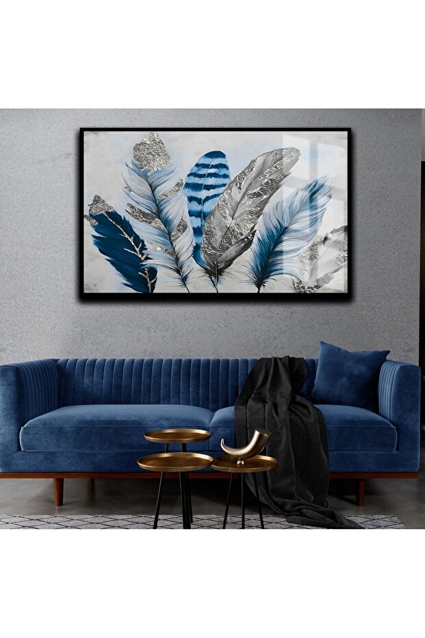 Hari̇kabi̇rev | Dark Blue-Grey Feather Table | Framed Glass Table Single Horizontal