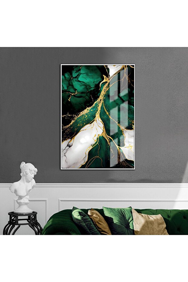 Hari̇kabi̇rev | Green-Gold-White Abstract Patterned Model 1 | Framed Tempered Glass Table Single Vertical