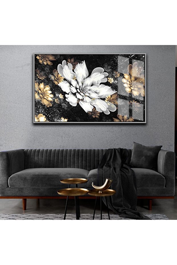 Hari̇kabi̇rev | Loved Flower Table 20 Gray- Gold | Framed Tempered Glass Table Single Horizontal
