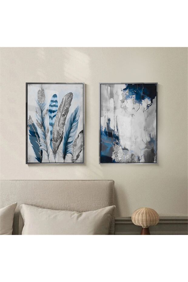 | Navy Blue Silver Combination Navy Blue Feather and Right | Framed Tempered Glass Table 2 Vertical