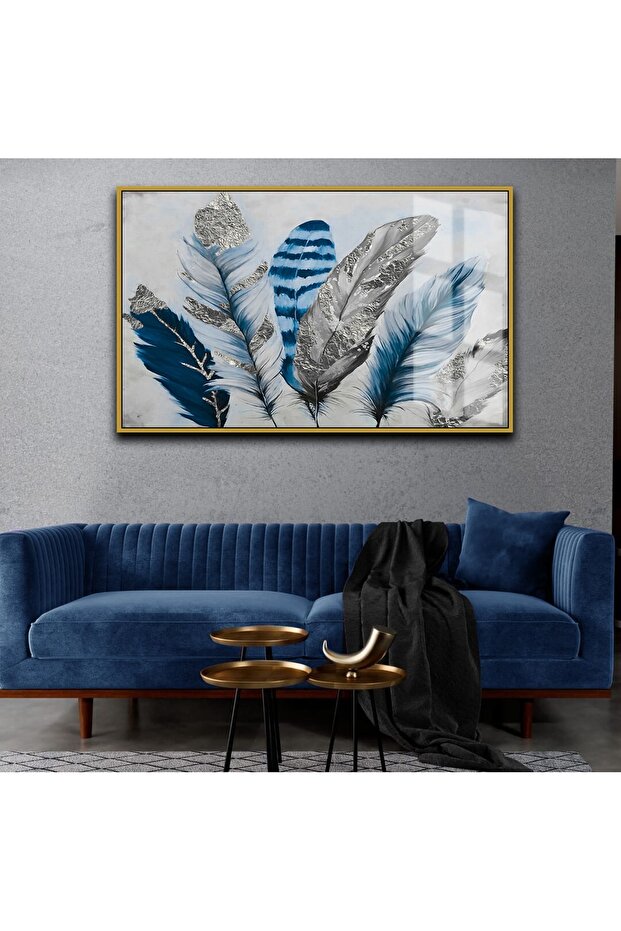 Hari̇kabi̇rev | Dark Blue-Grey Feather Table | Framed Glass Table Single Horizontal