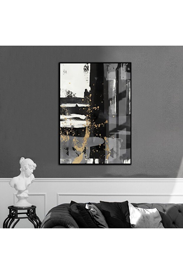 Hari̇kabi̇rev | Gold-Black-Gray Abstract Patterned Model 2 | Framed Tempered Glass Table Single Vertical