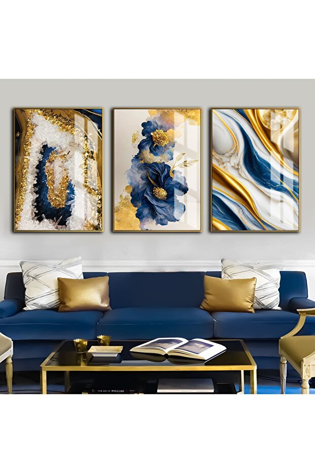 Hari̇kabi̇rev | Dark Blue-Gold Combination 8 Flowers-Abstract Combination | Framed Tempered Glass Table 3 Pieces Vertical