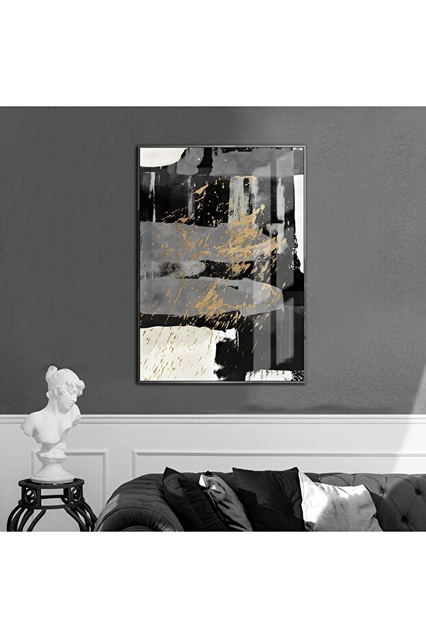 Hari̇kabi̇rev | Gold-Black-Gray Abstract Patterned Model 1 | Framed Tempered Glass Table Single Vertical