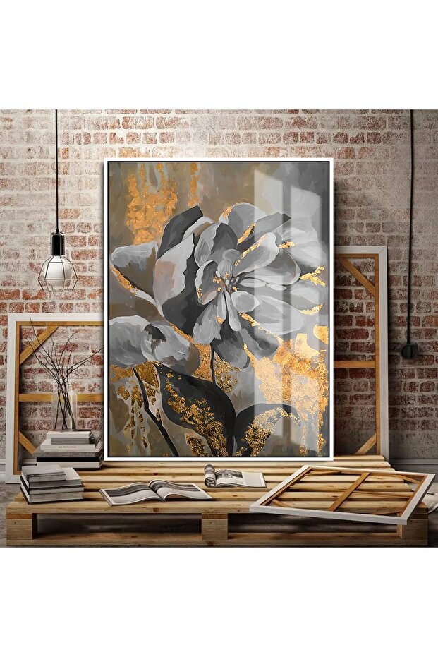 Hari̇kabi̇rev | Gold-Grey Stylish Loved Flower Table 09 | Framed Tempered Glass Table Single Vertical