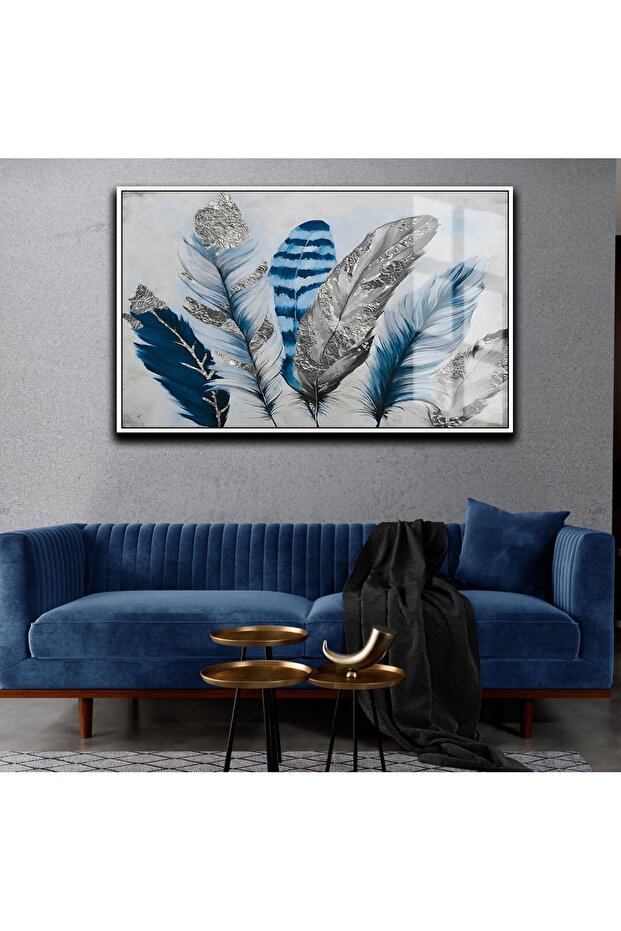 Hari̇kabi̇rev | Dark Blue-Grey Feather Table | Framed Glass Table Single Horizontal