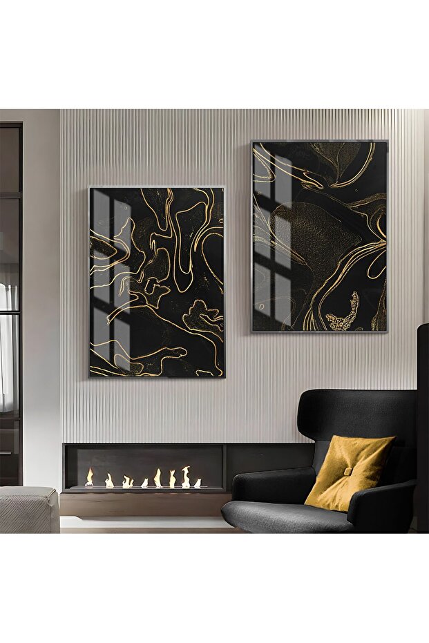 Hari̇kabi̇rev | Black-Yellow Patterned Abstract Combination 01 | Framed Glass Table 2 Pieces Vertical