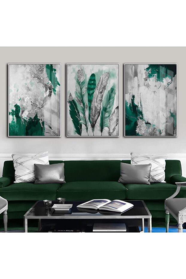 Hari̇kabi̇rev | Emerald-Silver Combination Feather-Abstract Combination | Framed Tempered Glass Table 3 Pieces Vertical