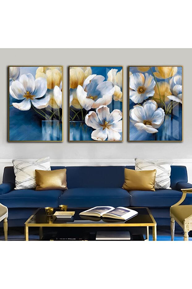 Hari̇kabi̇rev | Dark Blue-Gold Combination 7 Flower Combination | Framed Tempered Glass Table 3 Pieces Vertical