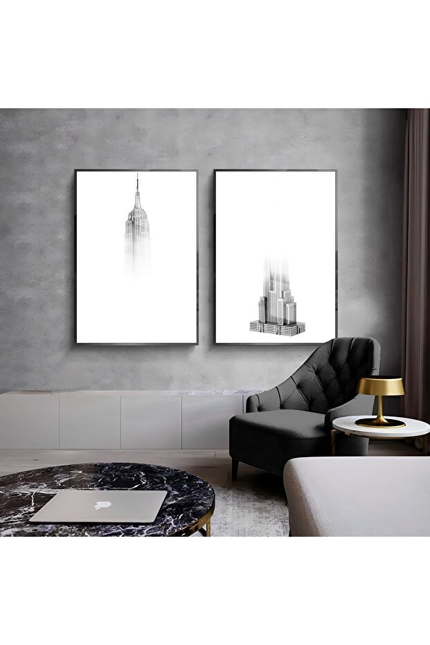 Hari̇kabi̇rev | White-Black Empire Building Combination 01 | Framed Glass Table 2 Pieces Vertical