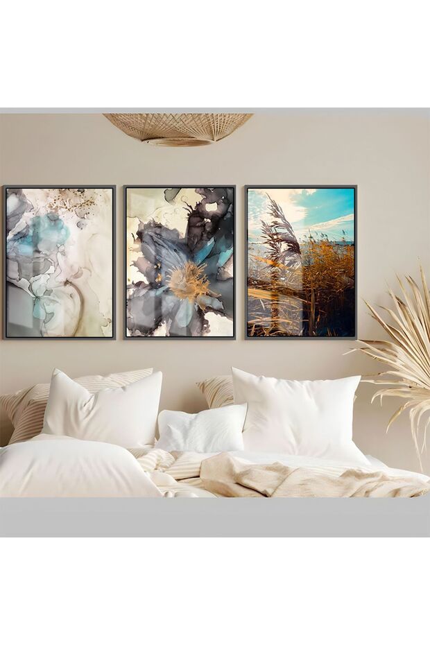 Hari̇kabi̇rev | Soft Turquoise Most Stylish Abstract-Tassel Combination | Framed Tempered Glass Table 3 Pieces Vertical
