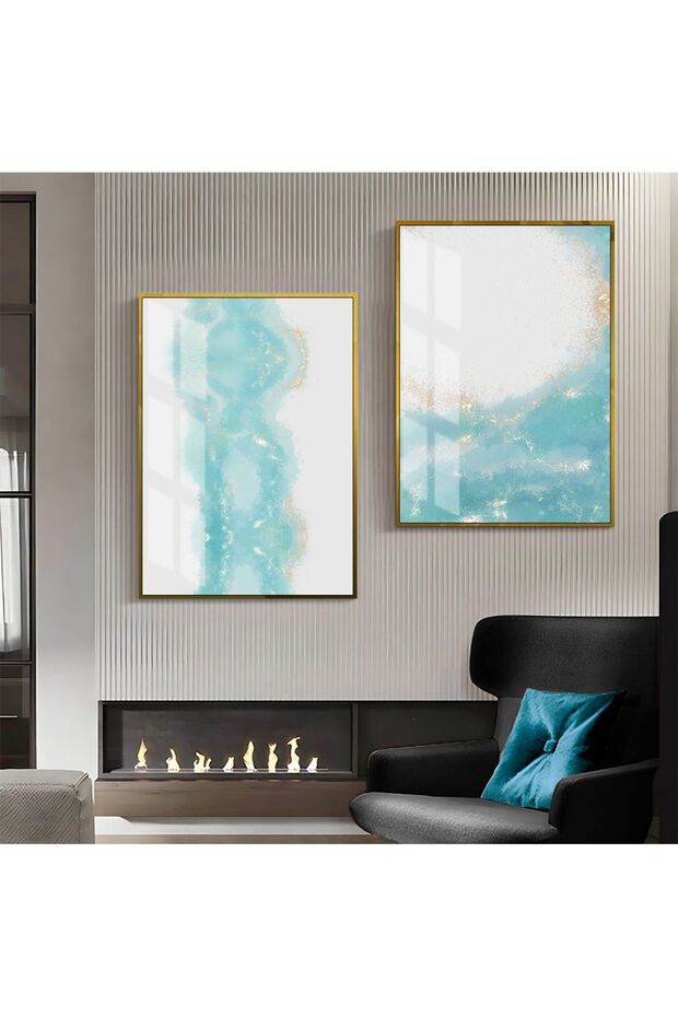 Hari̇kabi̇rev | Blue-White-Gold Patterned Abstract Combination 1 | Framed Glass Table 2 Pieces Vertical