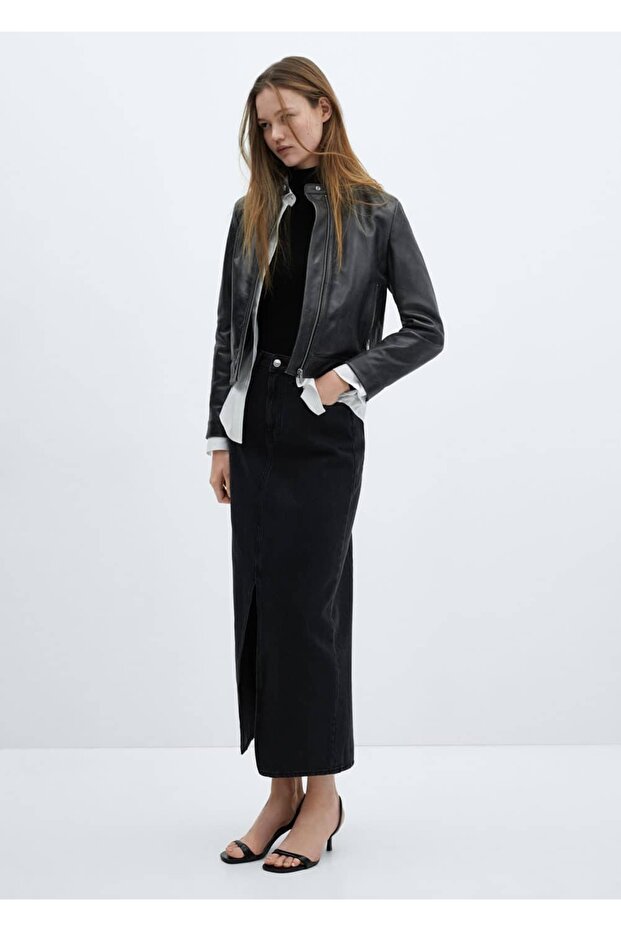 Yırtmaçlı denim etek - 2