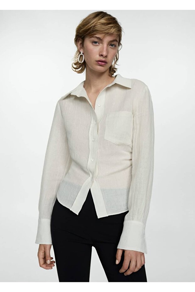 Drape detaylı keten gömlek - 1