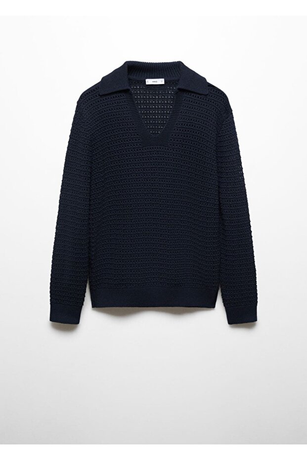 Durchbrochener Strickpullover mit Polokragen - 3