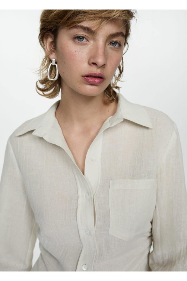 Drape detaylı keten gömlek - 5