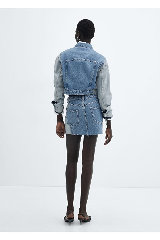 İki renkli denim mini etek - 4