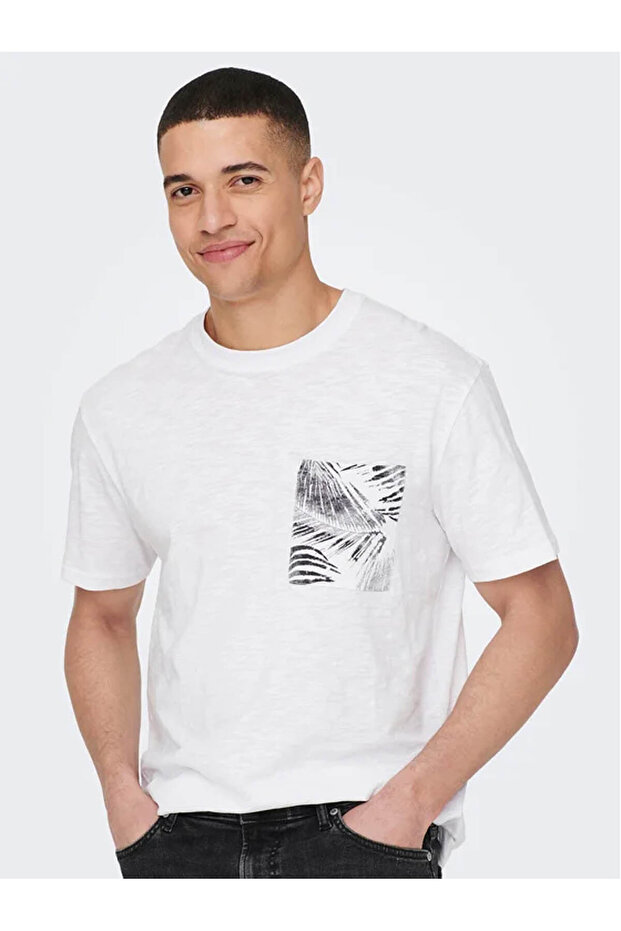 Men's White T-Shirt -22025286 Onsperry Life Reg Leaf SS Pockettee Noos
