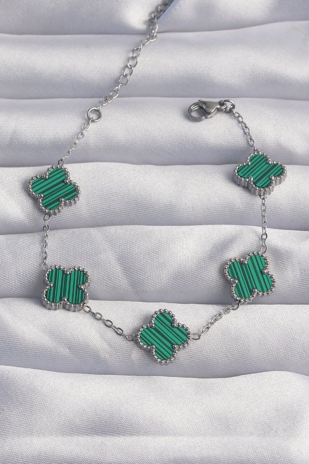5Irin0 316L Steel Silver Color Striped Green Enamel Clover Bracelet