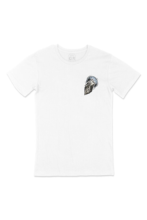 White T-Shirt with Wolf Howling at the Moon Pocket Logo Design