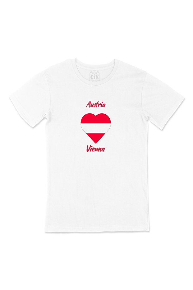 White T-Shirt with Vienna Austria Flag and Heart Pocket Logo Design