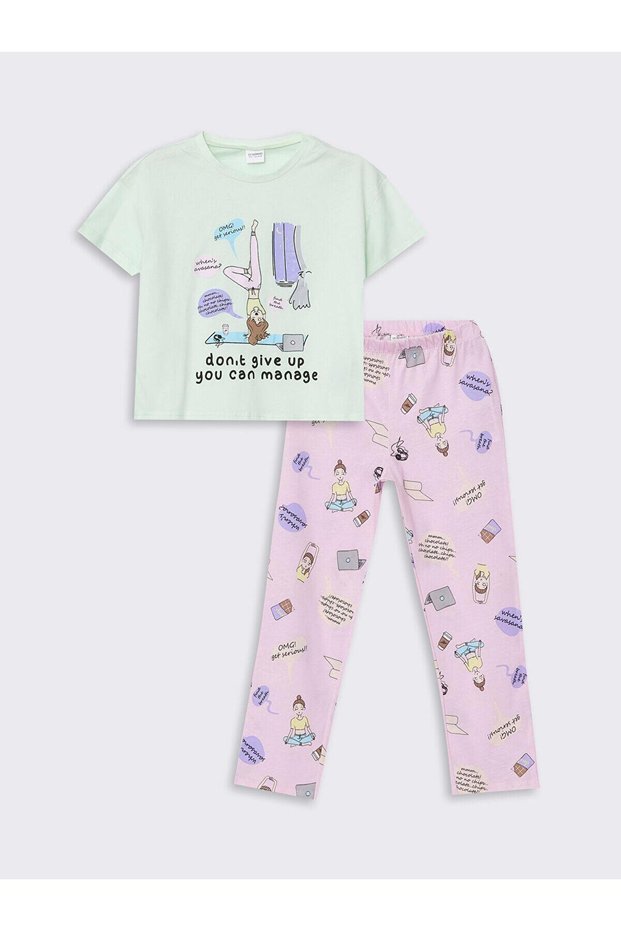 Lcw Kids Pastel Green Crew Neck Printed Short Sleeve Girls Pajama Set (S4)