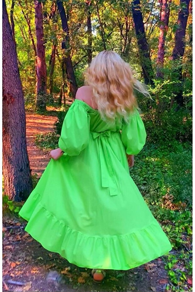 Yeşil Omuzu Açık Pamuklu Yırtmaçlı Uzun Maxi Astarlı Kloş Yazlık Elbise - 1