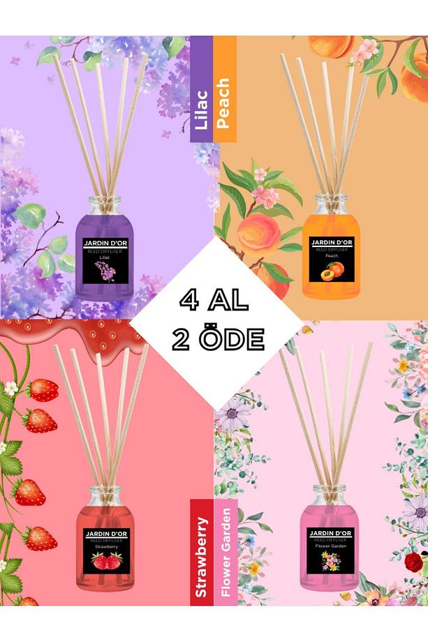 4'lü Çubuklu Oda Kokusu Seti - Avantajlı Paket (ŞEFTALİ-ÇİLEK-LEYLAK-ÇİÇEK BAHÇESİ) Reed Diffuser - 1