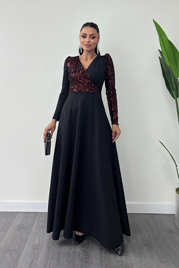 Crepe Fabric Sequin Detailed Dress - Claret Red