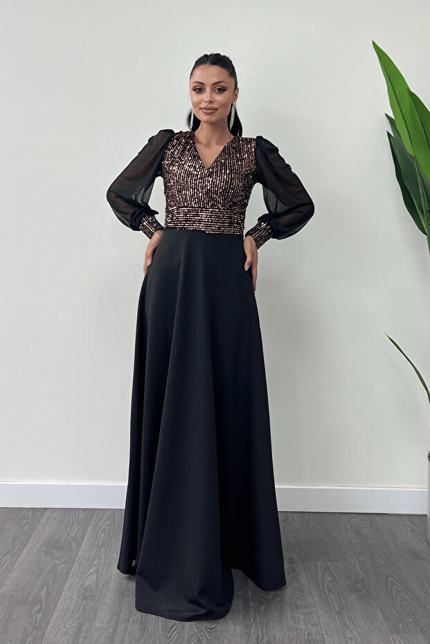Sequin Fabric Sleeves Tulle Evening Dress - Gold