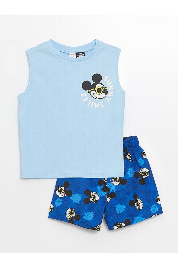 LCW baby Mavi Bisiklet Yaka Kolsuz Mickey Mouse Baskılı Erkek Bebek Atlet ve Deniz Şortu 2'li Takım - 1