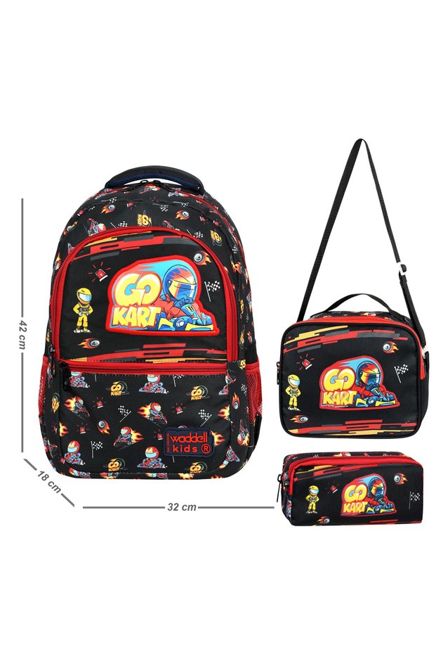 Waddell Licensed Black-Red Car Patterned Boys' Primary School Backpack Set of 3