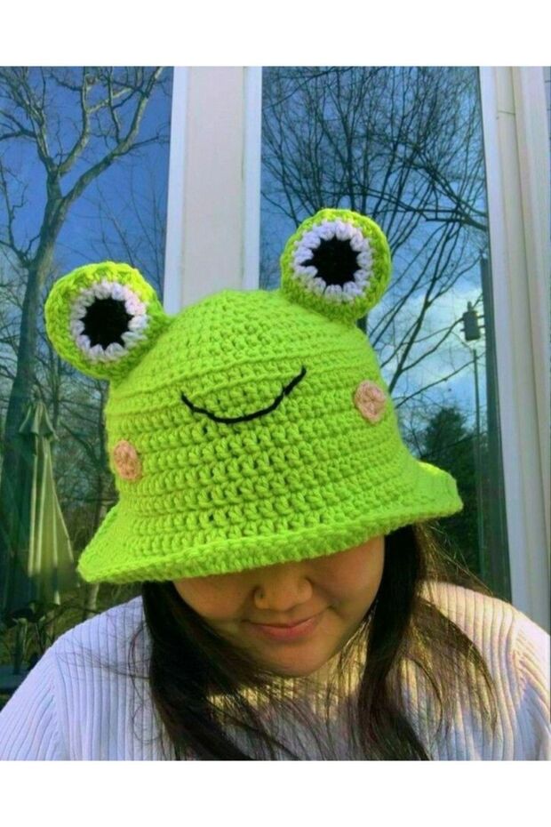 Smile Face Frog Hat, Bucket Crochet, Handmade, Beanie