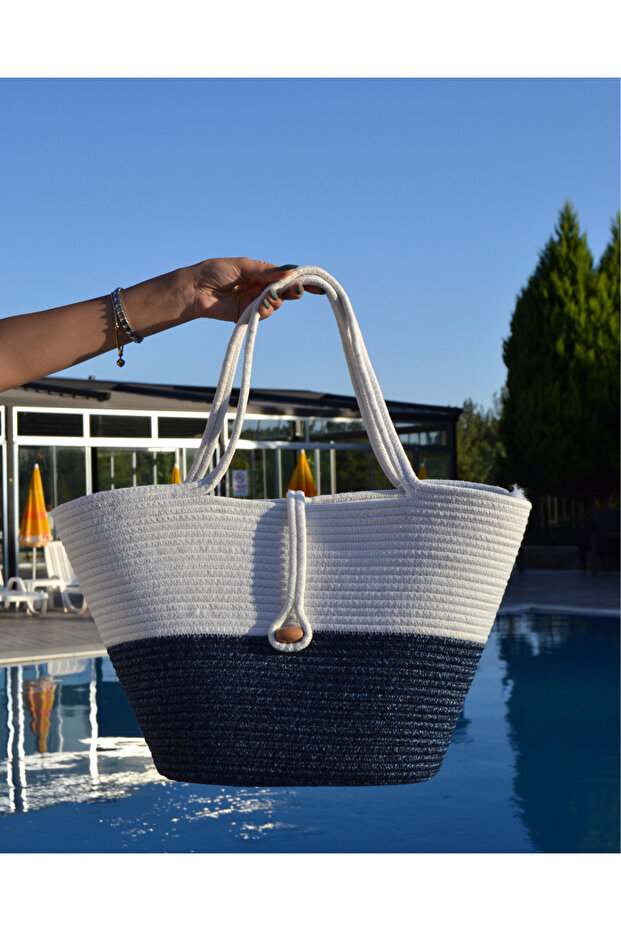 Jute Buttoned Double Color Women's Beach Bag Accessory Daily Casual Bag Natural Handmade Stylish Bag