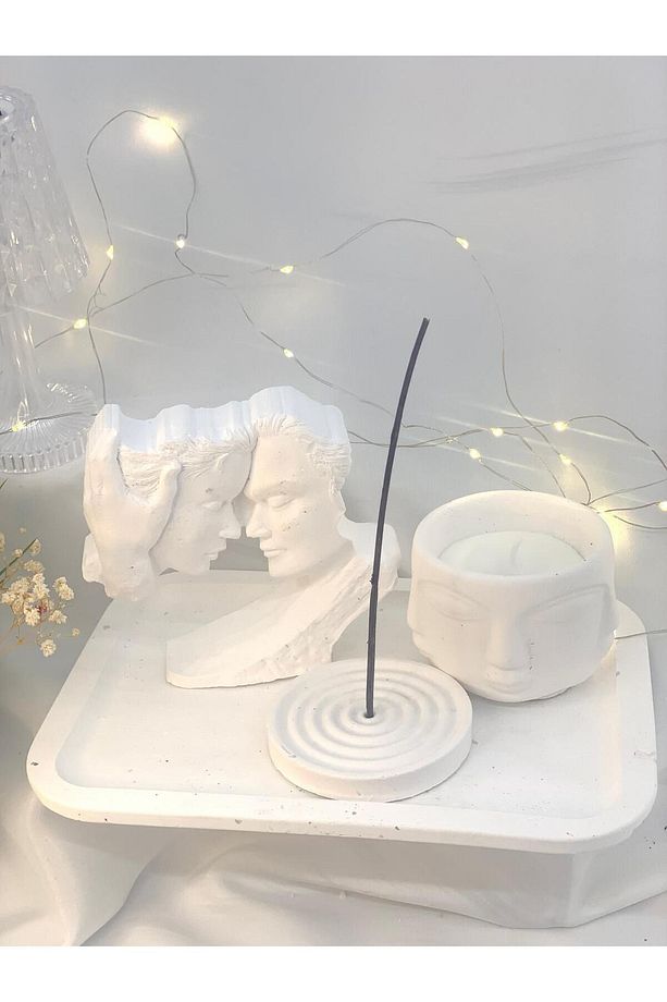 Dekoratif Büyük Organizer Tabak Aşık Çift Obje Saksı Soya Mum  Tütsülük Set - 3