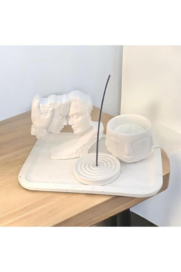 Dekoratif Büyük Organizer Tabak Aşık Çift Obje Saksı Soya Mum  Tütsülük Set - 1