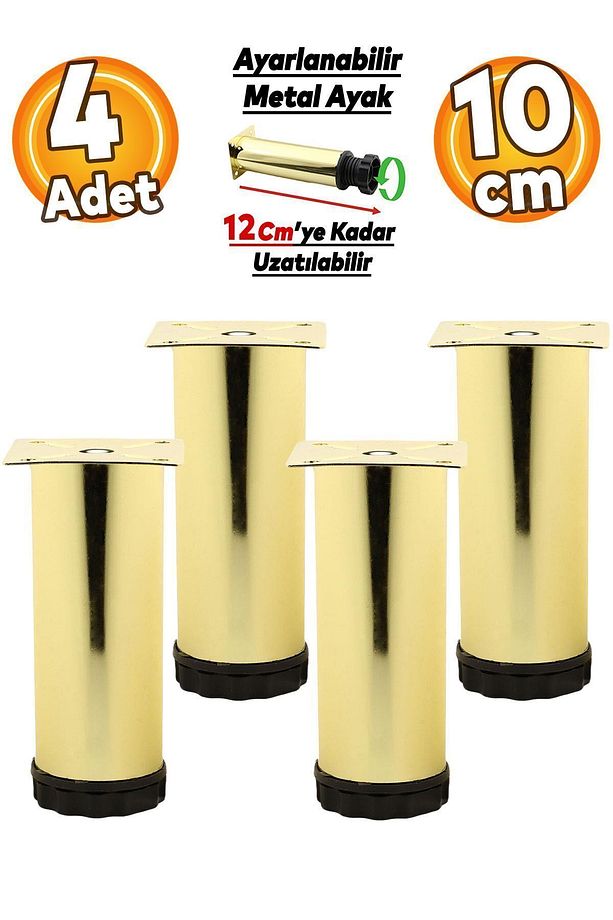 Ayarlanabilir Dolap Mobilya Kanepe Baza Metal Destek Yükseltici Ayağı 10 Cm Gold Ayakları 4 Adet - 1