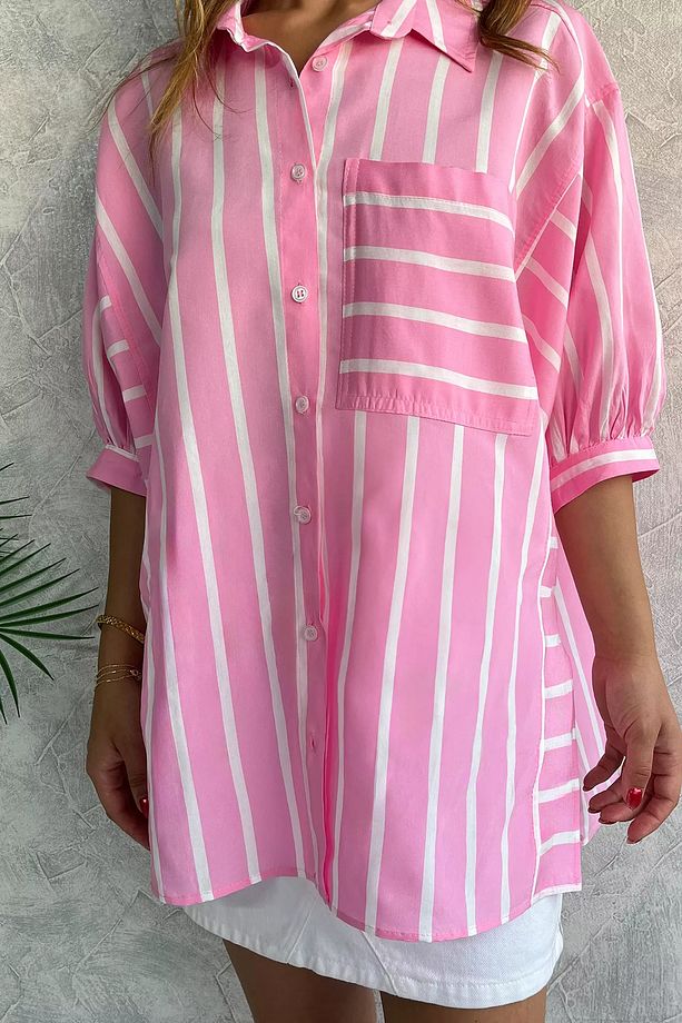 Pembe Tek Cepli Kadın Çizgi Desenli Oversize Gömlek - 3