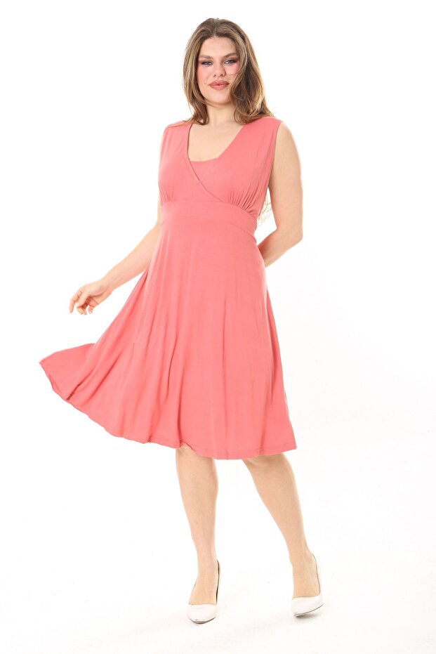 Women's Plus Size Pink Wraped Collar Back Elastic Waist Sleeveless Lycra Viscose Dress 65N37872