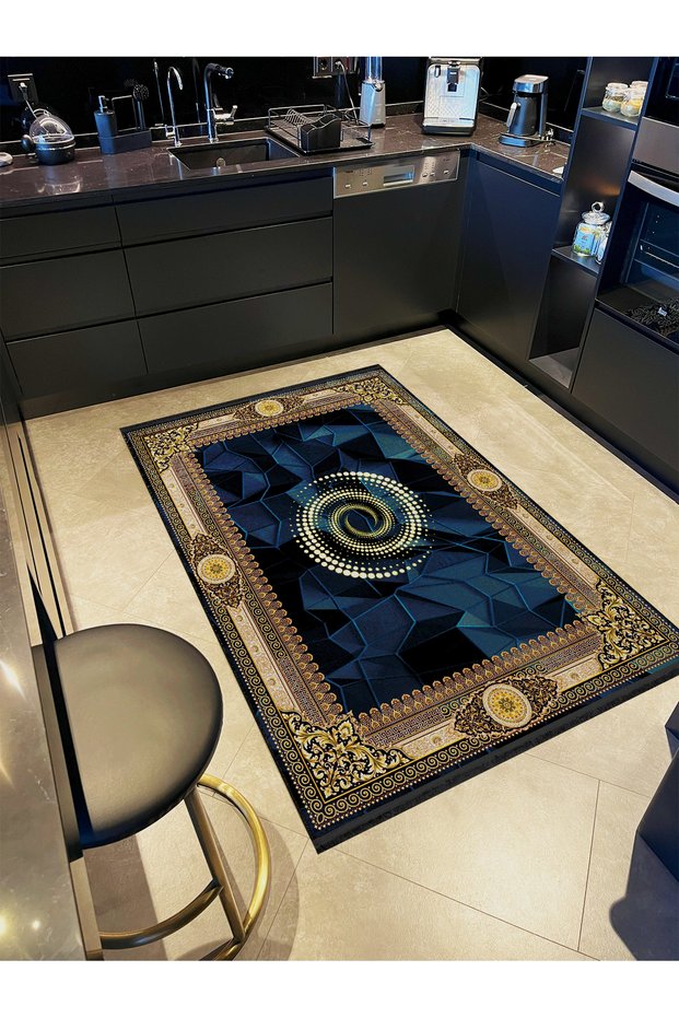 Yellow Border Detailed Patterned Navy Blue Shaped Antique Design Series Decorative Carpet Antique162