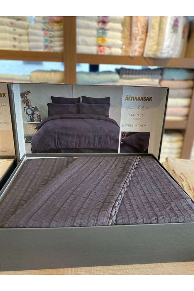 Emboss Shadow Fitilli Saten Çift Kişilik Nevresim Takımı - 1