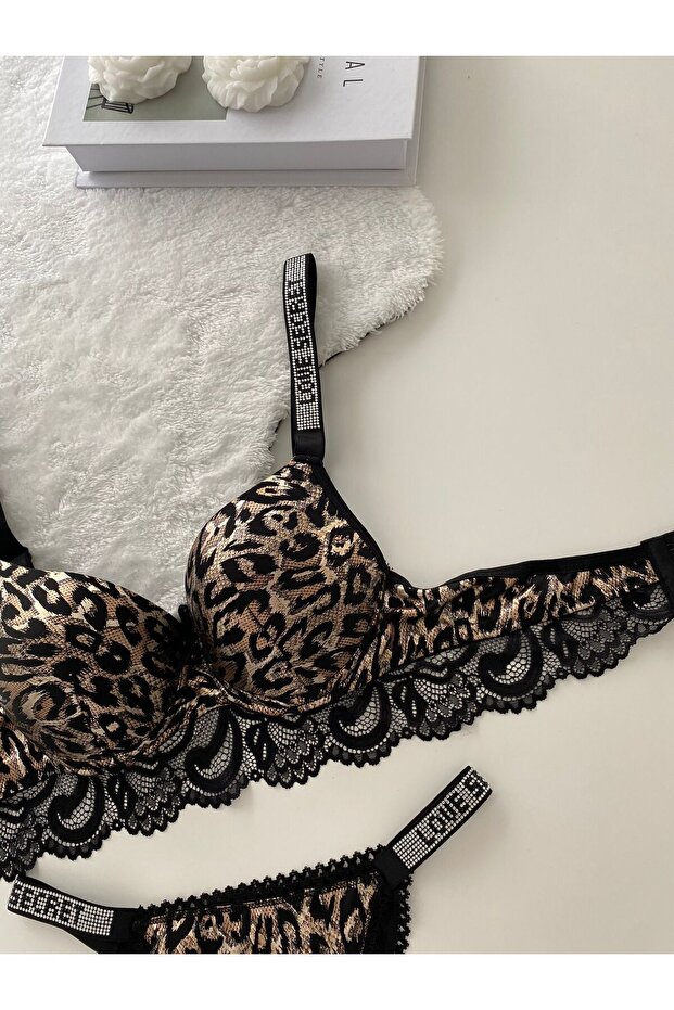 طقم حمالة صدر دانتيل مبطنة بنقشة الفهد - 3