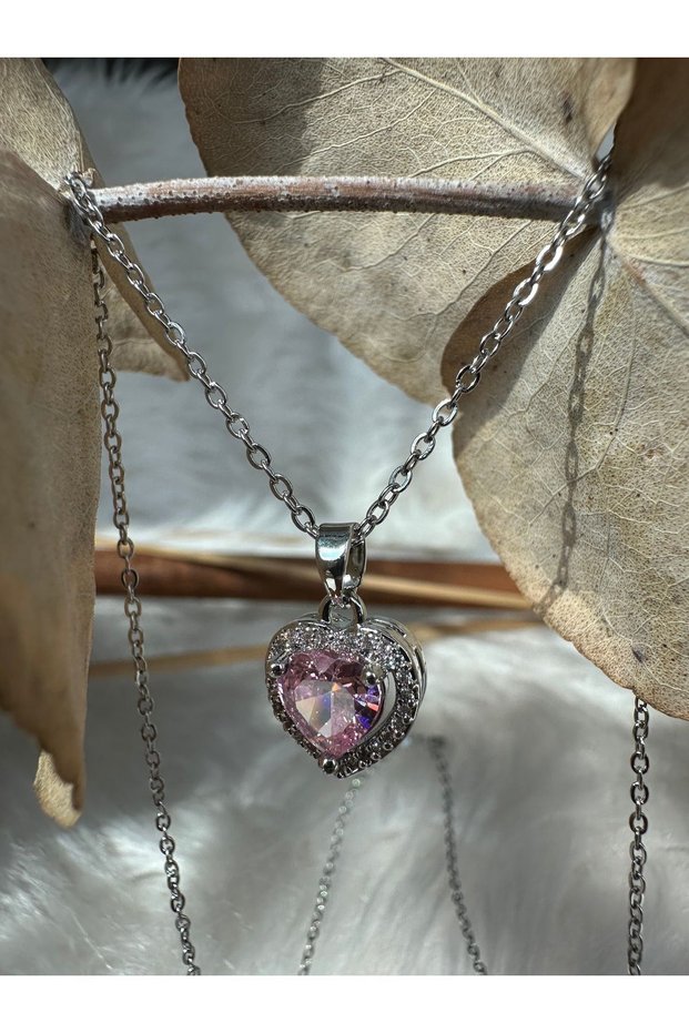 Silver Color Pink Heart Stone Steel Necklace (40cm)