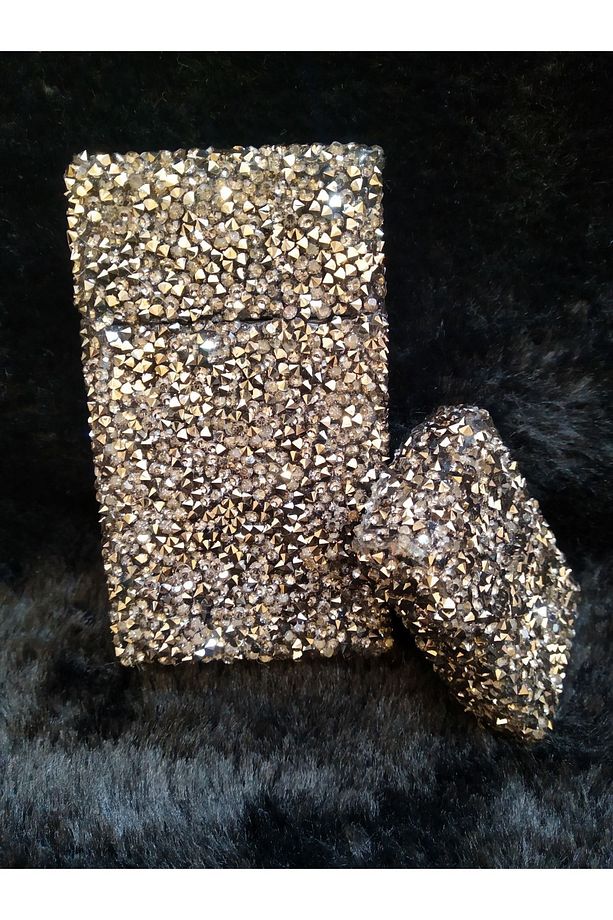 Füme Parlak Swarovski Taşlı Touch Sigara Kutusu Ve Zippo Çakmak Seti - 3