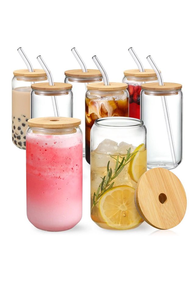 6 Pieces of Glass with Straws and Bamboo Lids for Cold-Hot Coffee, Cocktails and Juice + Cleaning Brush
