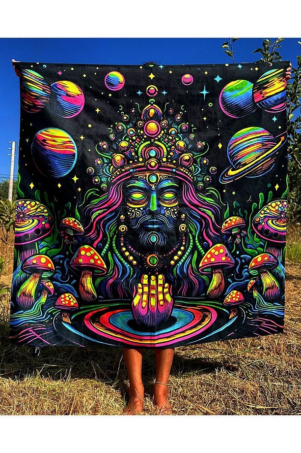 Hindu Guru Show Me the Way / Blacklight ile Parlayan Neon Duvar Örtüsü UV Aktif Glow Tapestry - 4